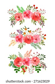 Vector flowers set. Colorful floral collection with leaves and flowers, drawing watercolor.Design for invitation, wedding or greeting cards