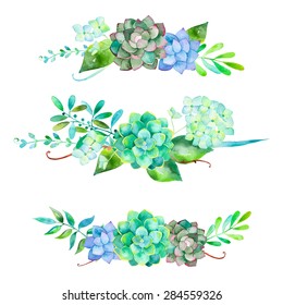 Vector flowers set. Colorful floral collection with leaves and flowers. 3 beautiful bouquet for your design with hydrangea , leaves, berries and succulents plants