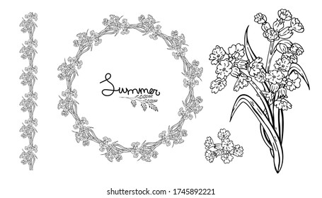 Vector  flowers Set, illustration of beautiful summer flowers: wreath, frame and composition of flowers