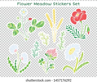 Vector flowers set. Naive childish illustration with with cute flowers - strawberry, chamomile, dandelion, clover, ears and poppy flower.
