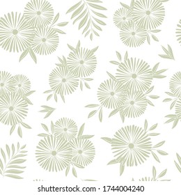 Vector Flowers Silhouettes in Green on White Background Seamless Repeat Pattern. Background for textiles, cards, manufacturing, wallpapers, print, gift wrap and scrapbooking.