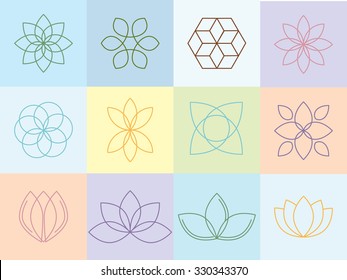 Vector flowers silhouettes and icons design for spa center or yoga studio. Graphic design elements in outline style. 