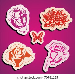 vector flowers stickers on pink background. Vector illustration