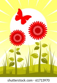 vector flowers, sun and butterfly