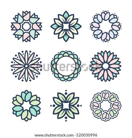 Vector flowers in thin line style and pastel colors. Floral pattern, flower icons and decorative elements.