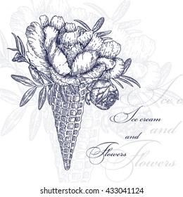 Vector flowers in waffle cone. Bouquet of peonies. Use this illustration in your design.