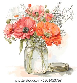 Flores vectoriales pintura de acuarela, jarra de vidrio con flores y hojas de jardín, tarjeta de saludo, invitación, afiche, decoración de bodas y otras imágenes