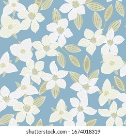 Vector Flowers in White Gray with Green Leaves on Blue Background Seamless Repeat Pattern. Background for textiles, cards, manufacturing, wallpapers, print, gift wrap and scrapbooking.