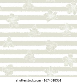 Flores vectoriales en verde blanco en franjas verdes blancas patrón de repetición sin problemas. Antecedentes para textiles, tarjetas, manufactura, papel pintado, papel, envoltura de regalo y reserva de chatarra.