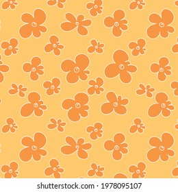 Vector flowers with a white outline on an orange background. Seamless pattern in the style of abstraction. Pattern for printing on clothing, interior and printing.