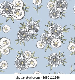 Vektorillustration Blumen auf weißem Gelb mit grünen Blättern auf hellblauem Hintergrund Nahtlose Wiederholung Muster. Hintergrund für Textilien, Karten, Herstellung, Wallpaper, Druck, Geschenkverpackung und Scrapbooking.