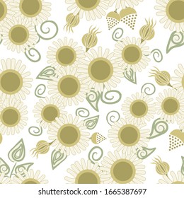 Vektorillustration Blumen in Gelb-Weiß mit grünen Blättern auf weißem Hintergrund Nahtlose Wiederholung Muster. Hintergrund für Textilien, Karten, Herstellung, Wallpaper, Druck, Geschenkpackung und Scrapbooking