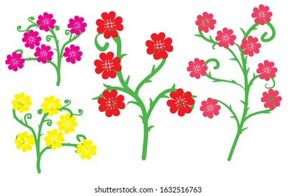 vector of flowers yellow, red, pink and purple on a green branch