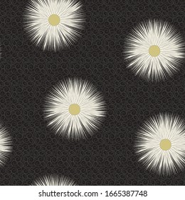 Vector Flowers in Yellow White Scattered on Black Background Seamless Repeat Pattern. Background for textiles, cards, manufacturing, wallpapers, print, gift wrap and scrapbooking.