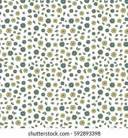 Vector flowery pattern in green, blue and yellow colors over white background. Seamless floral background for wrapping, textile, wallpaper. Soft tile.
