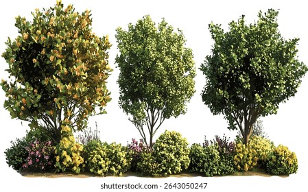 Vector flowery trees shrubbery cutout, garden plants, nature design, landscaping, green bushes, garden illustrations, plant graphics, eco friendly art, outdoor decor
