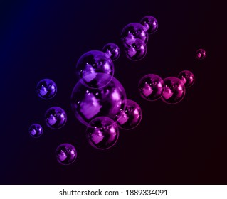 Vector Flowing Bubbles Abstract Background, Neon Gradient Colors, Party Concept, Graphic Backdrop Template, Realistci 3D Foam Bubbles.