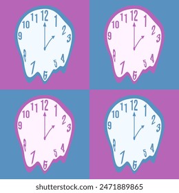 Vector Flowing clock design in trendy retro Pop art style. Distorted clock dial collage can used t-shirt print, postcard, poster, card, cover template. Trippy weird Liquid Alarm. EPS 10