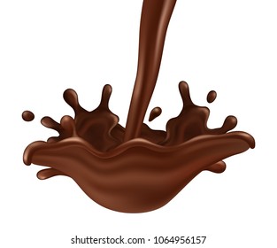 Vector flowing wave of chocolate with drops and splashes isolated on white background