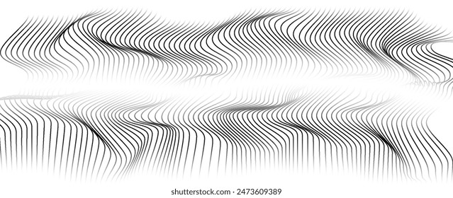 vector flowing wave lines halftone 3D curve pattern black gradient curve shape isolated on transparent background. Vector in technology, science, music, modern concept