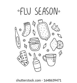 Vector flu black linework illustration. Flu season concept with garlic, cup, lemon, thermometer, socks, nasal spray, pills and other things. Set of treatment items with flu season lettering