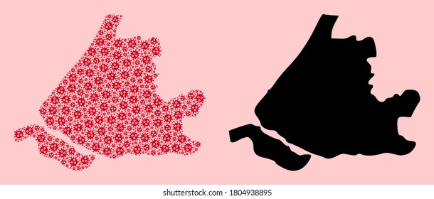 Vector flu virus mosaic and solid map of South Holland. Map of South Holland vector mosaic for hospital campaigns and propaganda. Map of South Holland is created with red flu viral parts.