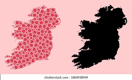 Vector flu virus mosaic and solid map of Ireland Island. Map of Ireland Island vector mosaic for quarantine campaigns and agitprop. Map of Ireland Island is composed from red infection virus icons.