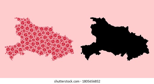 Vector flu virus mosaic and solid map of Hubei Province. Map of Hubei Province vector mosaic for treatment campaigns and posters. Map of Hubei Province is formed from red flu viral ojects.