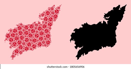 Vector flu virus mosaic and solid map of La Coruna Province. Map of La Coruna Province vector mosaic for clinic campaigns and agitation. Map of La Coruna Province is composed with red flu viral icons.