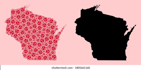 Vector flu virus mosaic and solid map of Wisconsin State. Map of Wisconsin State vector mosaic for isolation campaigns and posters. Map of Wisconsin State is designed with red pandemic virus parts.
