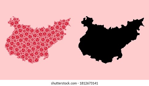 Vector flu virus mosaic and solid map of Badajoz Province. Map of Badajoz Province vector mosaic for clinic campaigns and proclamations. Map of Badajoz Province is formed with red virus particles.