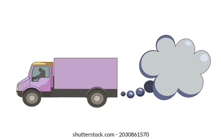 Vektor Flue Gas aus dem Auspuff von Cargo LKW, einzelne Kopienraum im Cartoon-Stil, Lieferwagen mit Auspuffgas als Platz für Text auf weißem, isoliertem Hintergrund für Drucke, Broschüren, Aufkleber, Karten.