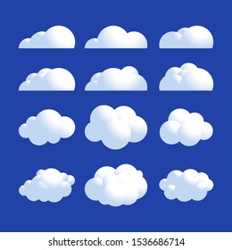 Vector Fluffy 3d realistic cloud icon set. Shine sky weather clean vector set isolated on blue. Cloudscape and 3d clouds nature fluffy in air. 3d cloud icon set