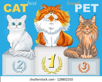 Vector fluffy cat champion of different breeds on the podium