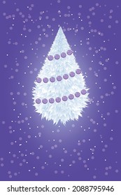 Vektorflauschiger Weihnachtsbaum mit violetten Bälle. Flachbild-Weihnachtsbaum auf violettem Hintergrund mit Schneeflocken