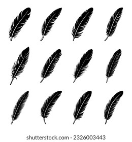 Vector Fluffy Feather Logo, Icon Set, Silhouette Feather Closeup Isolated. Design Template of Flamingo, Angel, Bird Feather. Lightness, Freedom Concept