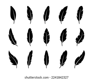 Vector Fluffy Feather Silhouette Icon Set Isolated on White Background. Design Template of Flamingo, Angel, Bird Feathers. Lightness, Freedom Concept