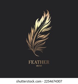 Vector Fluffy Golden Color Feather Logo Icon, Silhouette Feather Closeup Isolated. Design Template of Flamingo, Angel, Bird Feather. Lightness, Freedom Concept