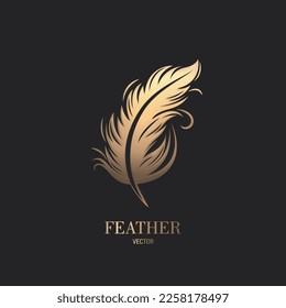 Vector Fluffy Golden Color Feather Logo Icon, Silhouette Feather Closeup Isolated. Design Template of Flamingo, Angel, Bird Feather. Lightness, Freedom Concept