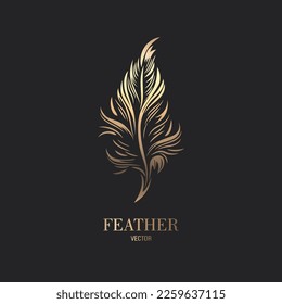 Vector Fluffy Golden Color Feather Logo Icon, Silhouette Feather Closeup Isolated. Design Template of Flamingo, Angel, Bird Feather. Lightness, Freedom Concept