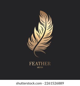 Vector Fluffy Golden Color Feather Logo Icon, Silhouette Feather Closeup Isolated. Design Template of Flamingo, Angel, Bird Feather. Lightness, Freedom Concept