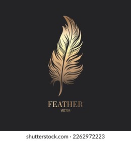 Vector Fluffy Golden Color Feather Logo Icon, Silhouette Feather Closeup Isolated. Design Template of Flamingo, Angel, Bird Feather. Lightness, Freedom Concept