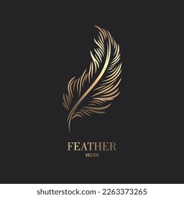 Vector Fluffy Golden Color Feather Logo Icon, Silhouette Feather Closeup Isolated. Design Template of Flamingo, Angel, Bird Feather. Lightness, Freedom Concept