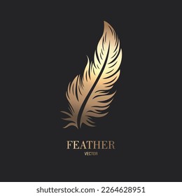 Vector Fluffy Golden Color Feather Logo Icon, Silhouette Feather Closeup Isolated. Design Template of Flamingo, Angel, Bird Feather. Lightness, Freedom Concept