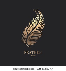 Vector Fluffy Golden Color Feather Logo Icon, Silhouette Feather Closeup Isolated. Design Template of Flamingo, Angel, Bird Feather. Lightness, Freedom Concept