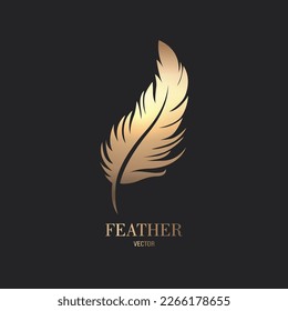 Vector Fluffy Golden Color Feather Logo Icon, Silhouette Feather Closeup Isolated. Design Template of Flamingo, Angel, Bird Feather. Lightness, Freedom Concept