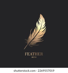 Vector Fluffy Golden Color Feather Logo Icon, Silhouette Feather Closeup Isolated. Design Template of Flamingo, Angel, Bird Feather. Lightness, Freedom Concept