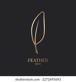 Vector Fluffy Golden Color Feather Logo Icon, Silhouette Feather Closeup Isolated. Design Template of Flamingo, Angel, Bird Feather. Lightness, Freedom Concept