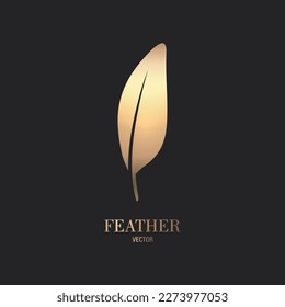 Vector Fluffy Golden Color Feather Logo Icon, Silhouette Feather Closeup Isolated. Design Template of Flamingo, Angel, Bird Feather. Lightness, Freedom Concept