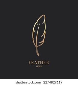 Vector Fluffy Golden Color Feather Logo Icon, Silhouette Feather Closeup Isolated. Design Template of Flamingo, Angel, Bird Feather. Lightness, Freedom Concept